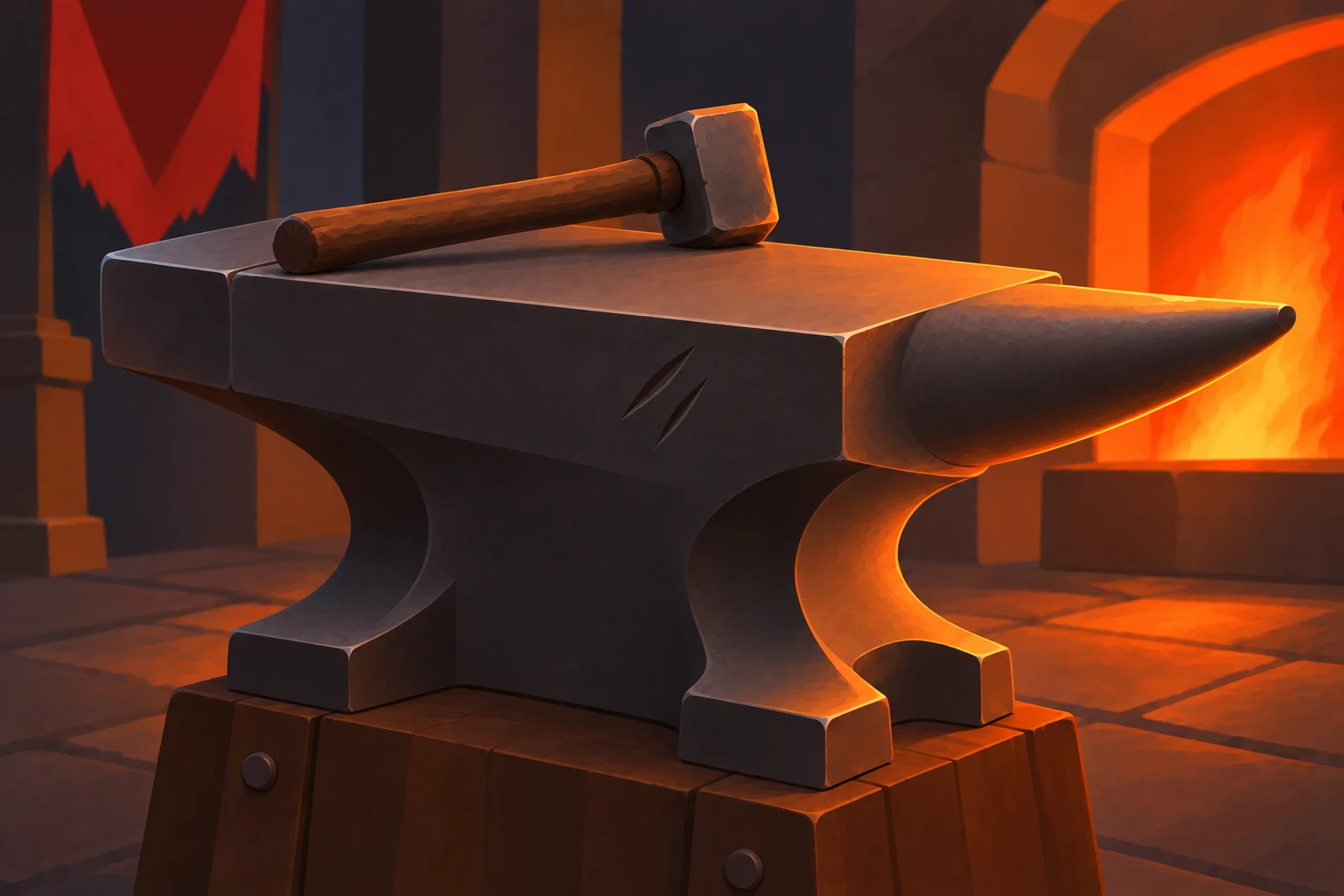 A worn anvil and hammer, lit by the forge